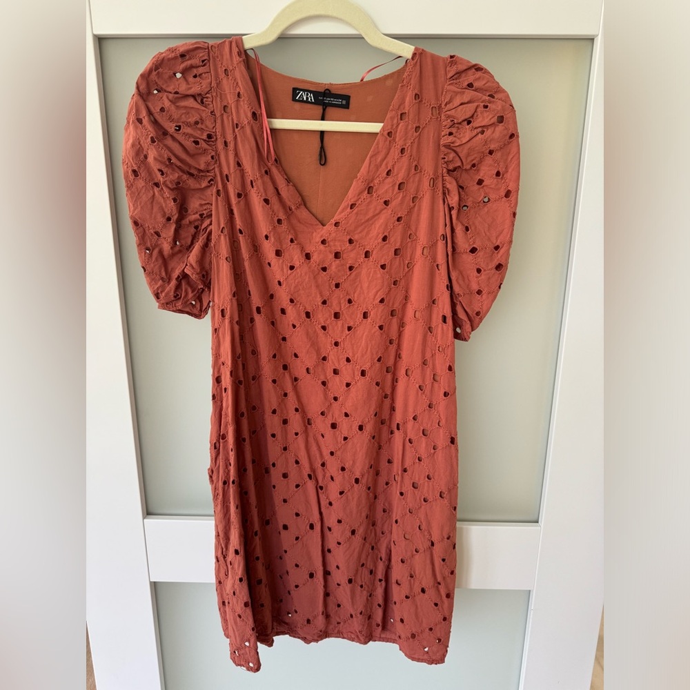 Zara Rust Eyelet Puff Sleeve Rust Dress XS